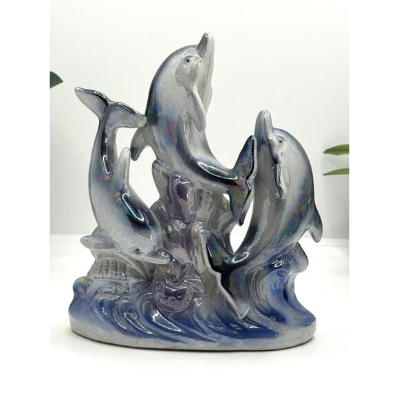 Ceramic Dolphin Trio Figurine With Iridescent Finish - Picture 2 of 9